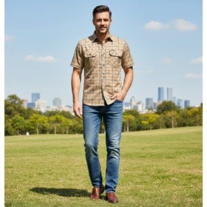 Summer Shirt Mens Short Sleeve Shirts Cotton Male Plaid Shirt (Khaki)