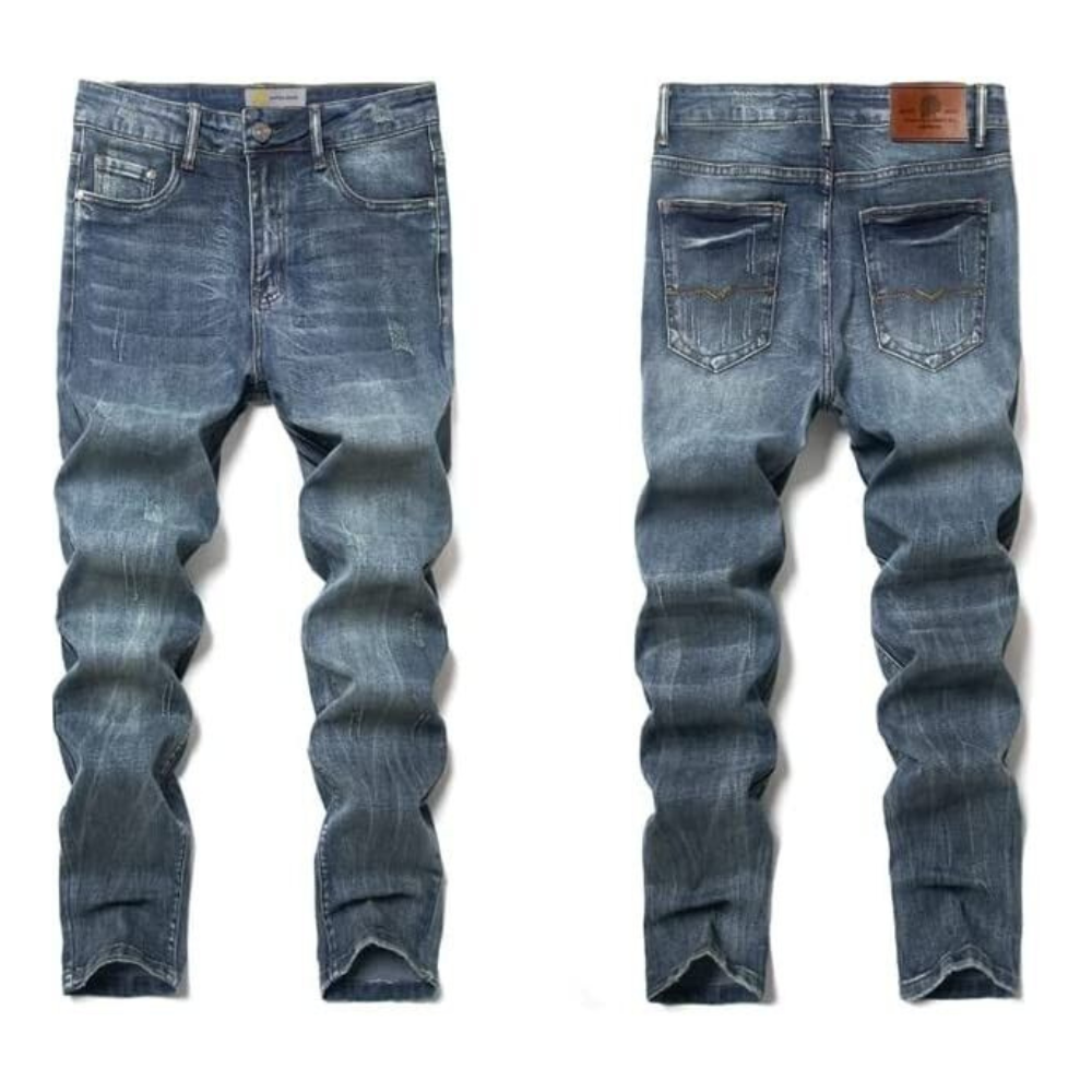New Regular Straight Men Jeans Denim Ripped Elastic Jeans