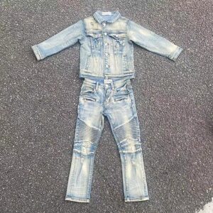 HIGH Grade Quality Modern Biker Design Slim FIT Kids Fashion Jeans Sets (Washed Blue)