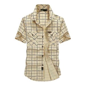 Summer Shirt Mens Short Sleeve Shirts Cotton Male Plaid Shirt (Khaki)