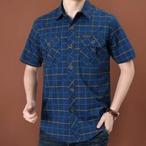 Summer Shirt Mens Short Sleeve Shirts Cotton Male Plaid Shirt (Blue)