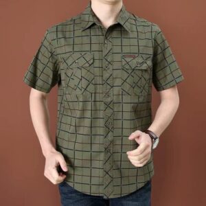 Summer Shirt Mens Short Sleeve Shirts Cotton Male Plaid Shirt (Green)