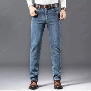 New Regular Straight Men Jeans Denim Ripped Elastic Jeans